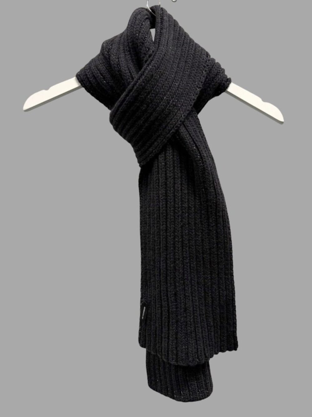 JIL SANDER Black Silver Wool Blend Chunky Cable Knit Scarf